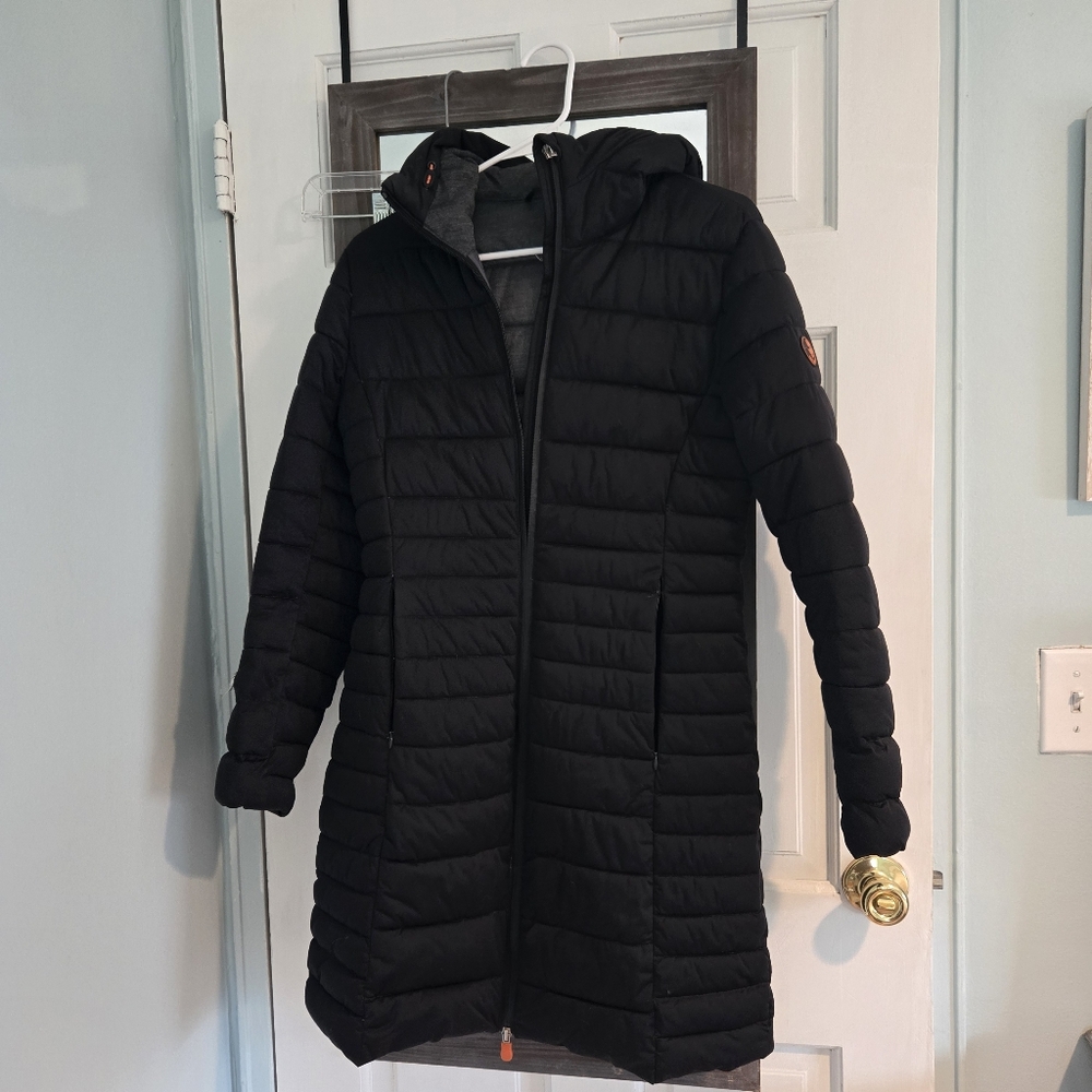 SAVE THE DUCK, certified, Small, Black Hooded Puffer Coat- Ideal for Winter